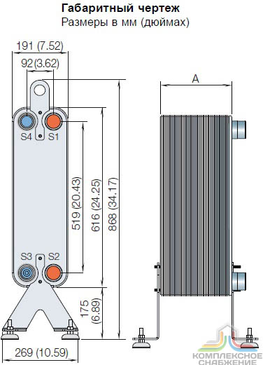 Габаритный чертеж паяного теплообменника Alfa Laval ACH220EQ